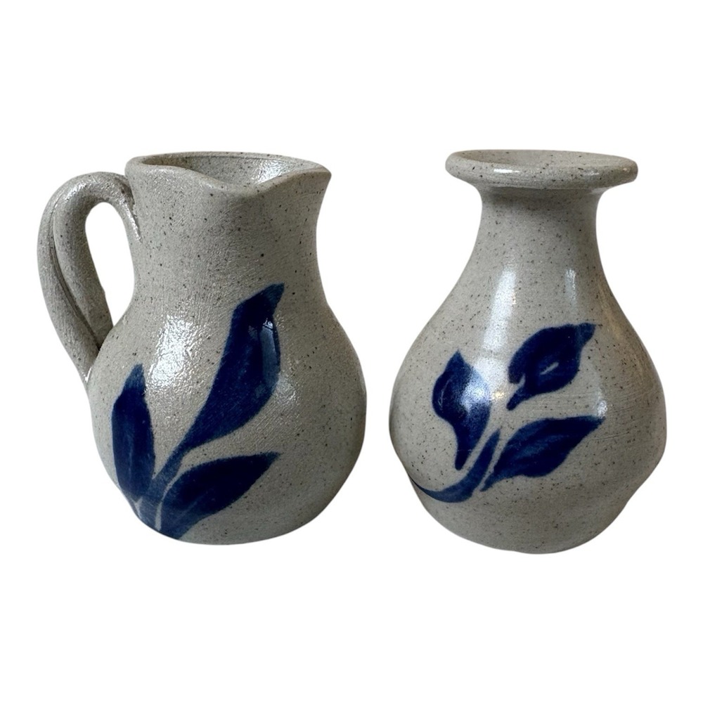 Williamsburg Pottery Salt Glazed Small Pottery Pitcher Vase Set of 2 Trinket 3"